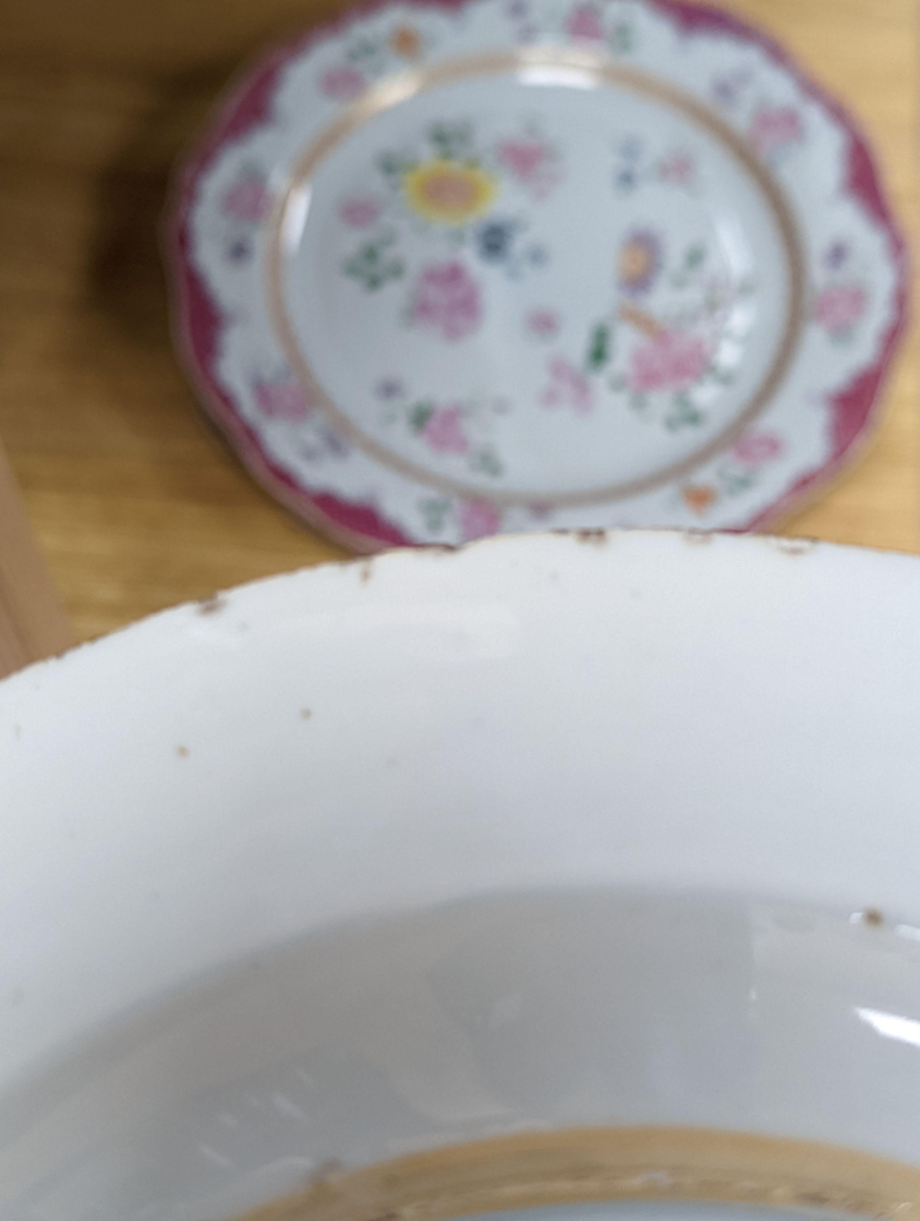 Two pairs of 18th century Chinese famille rose plates and an Imari plate, 26cm